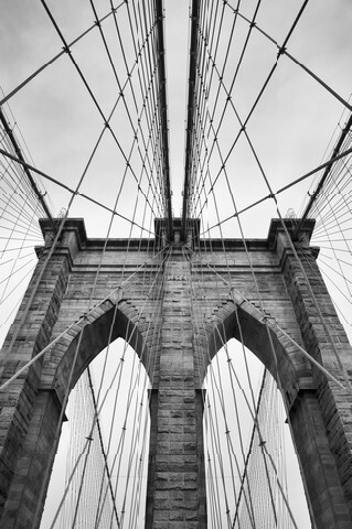 Brooklyn Bridge New York City close up architectural detail in timeless black and white